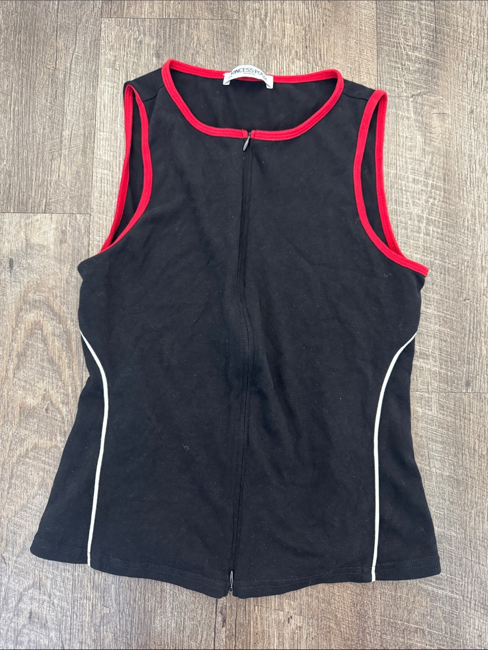 Princess Polly Black Sleeveless Zip-Front Tank with Red Trim and White Piping